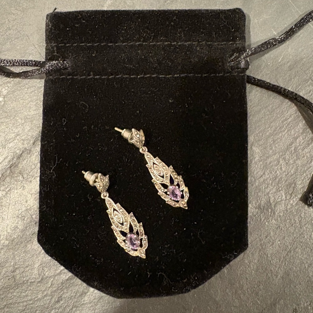 Sterling Silver, Marcasite and Amethyst Drop Pierced Earrings